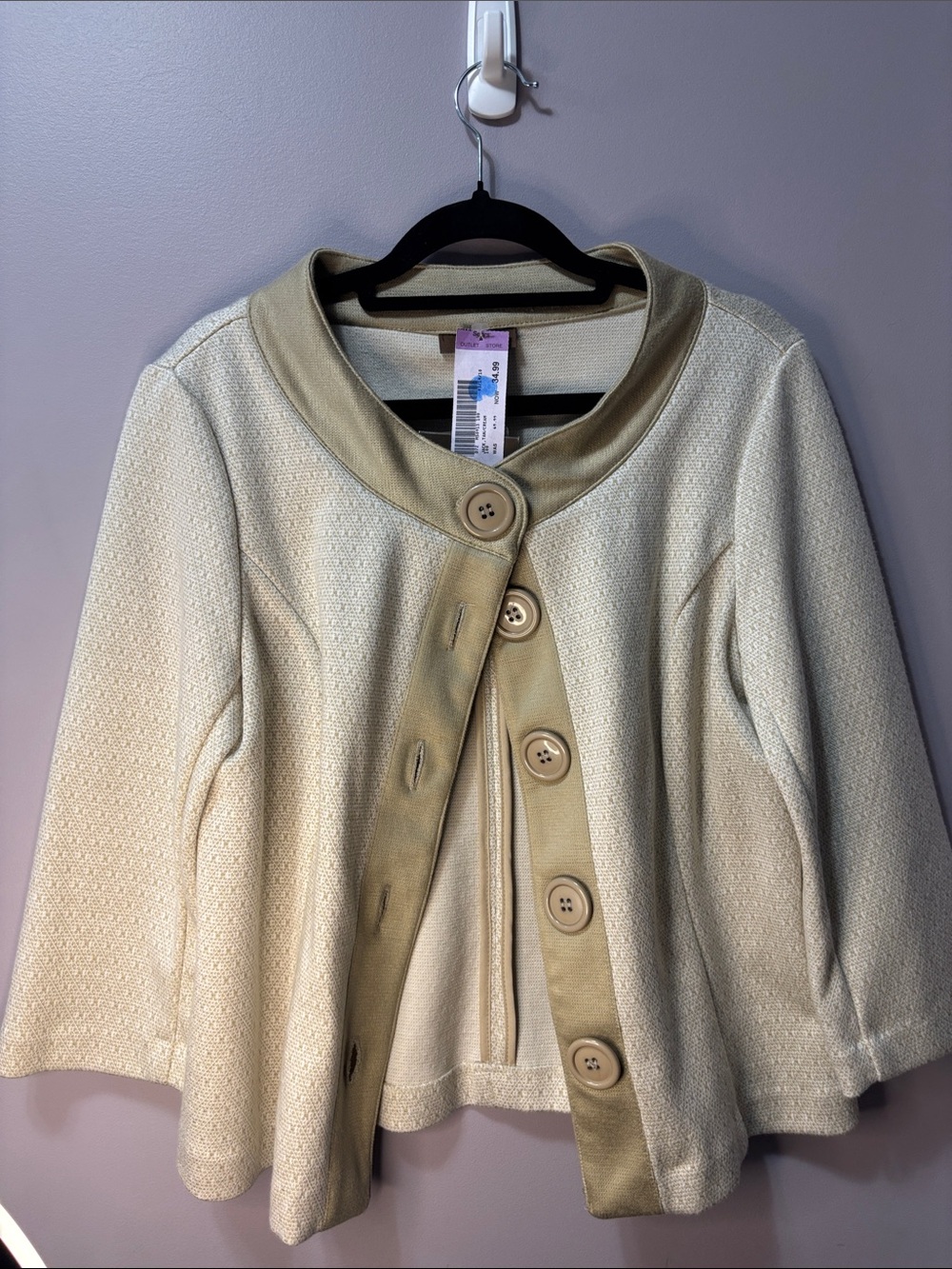 NWT Jessica Petite Cream Textured Knit Jacket Blazer With Gold Trim and Buttons